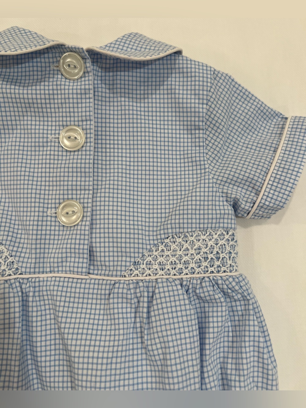 The Beaufort Bonnet Co Blue Gingham Peter Pan Collar Bubble with Smocking - Picture 6 of 7